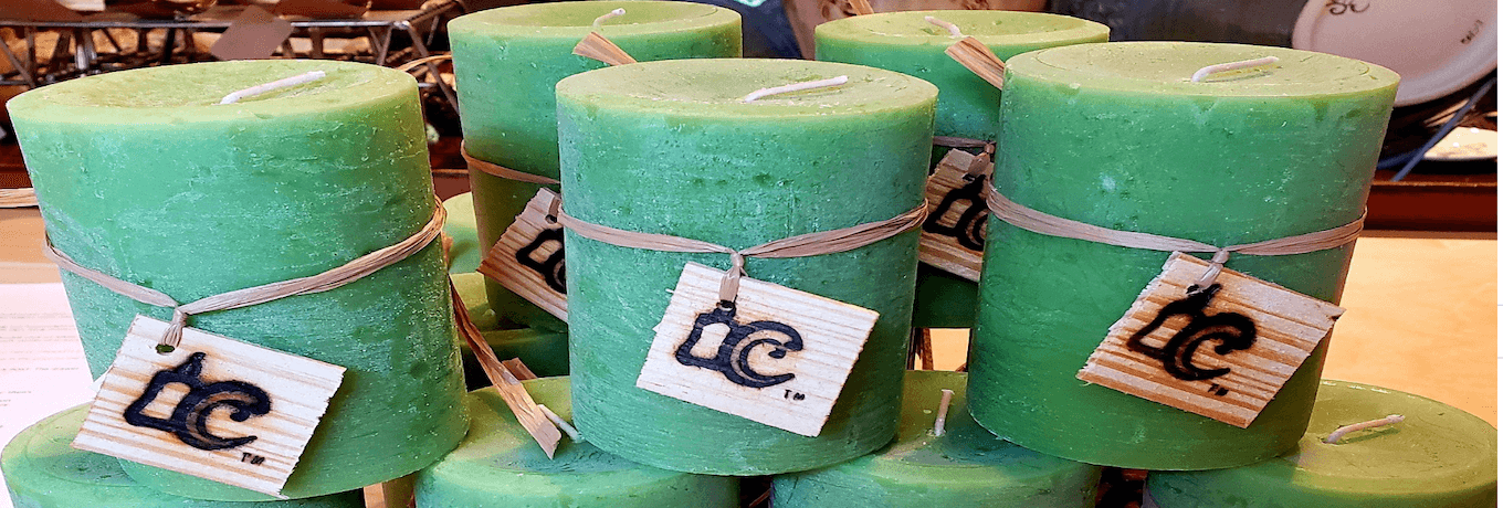 alt="Kudzu candles available at Coastal Magpies, Ocean Springs, Mississippi for these locally made candles."